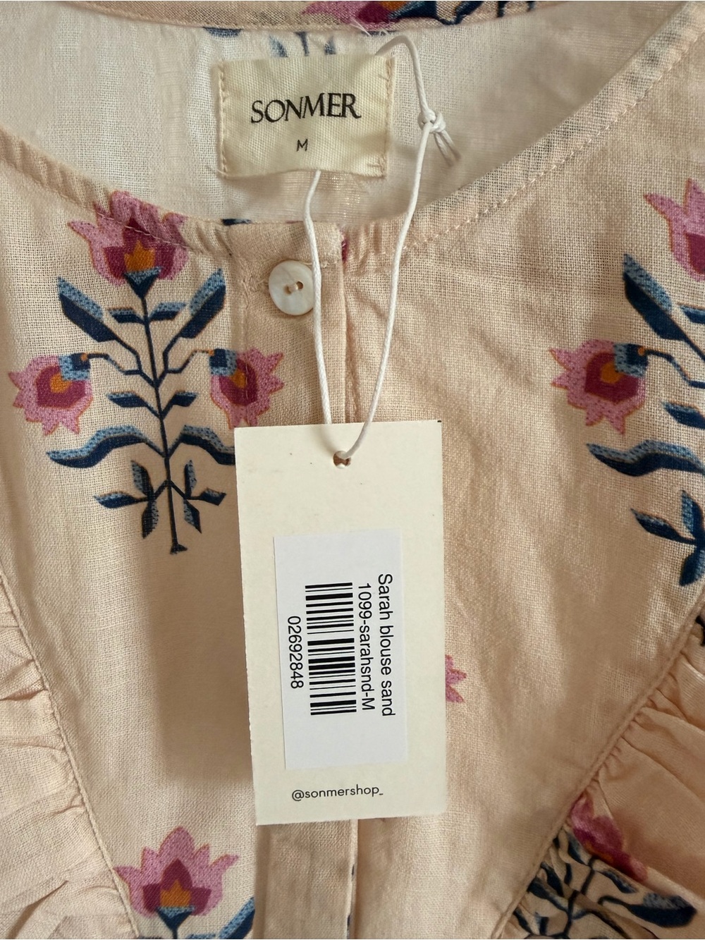 NWT Sonmer Sarah Blouse Sand Floral Print Ruffle Long Sleeve Cotton Blend - Picture 6 of 10